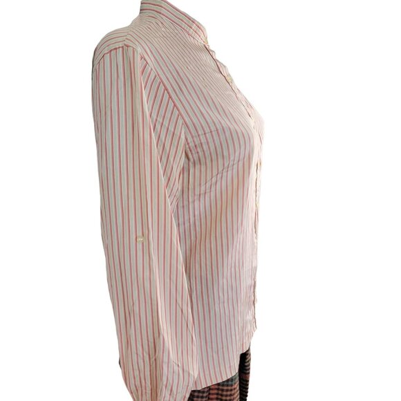 Vintage 70s Stripe Blouse Women 14 Button Shirt Roll Tab Sleeve Top XL Work Fall - Picture 3 of 14